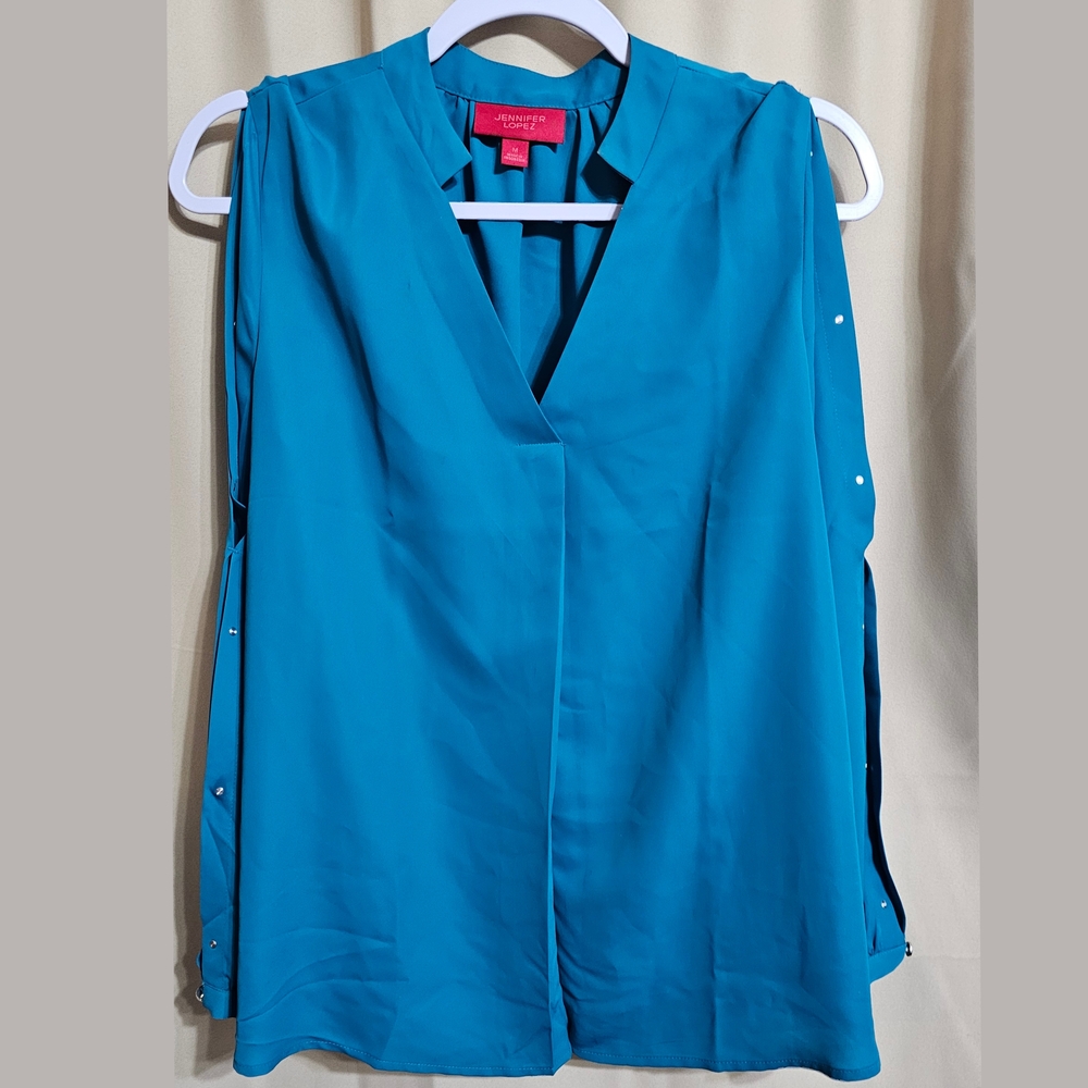Jennifer Lopez Women's Blue Teal V-Neck Blouse Metal Rivet Accents Split Sleeves
